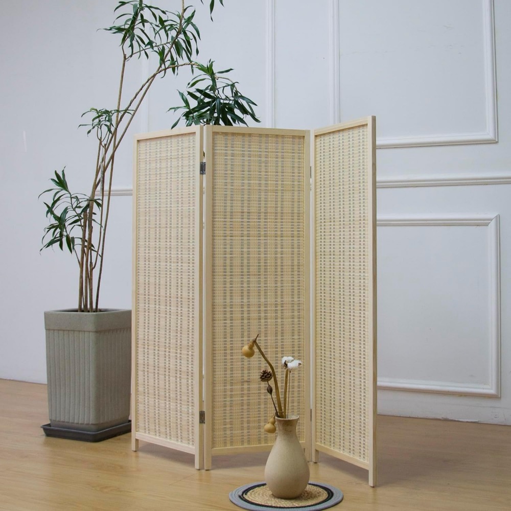 Room Divider Bamboo - 3 Panel Short Room Divider Screen,Beige