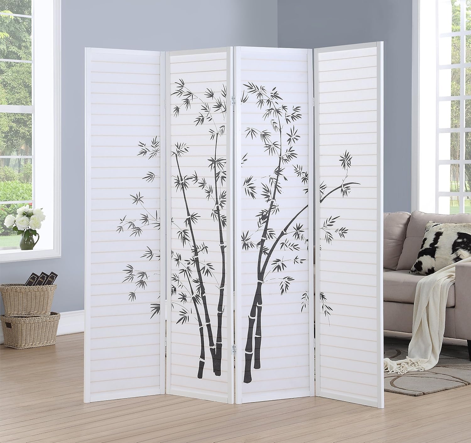 4-Panel Bamboo Print White Fra - Room Divider Bamboo 评论和价格