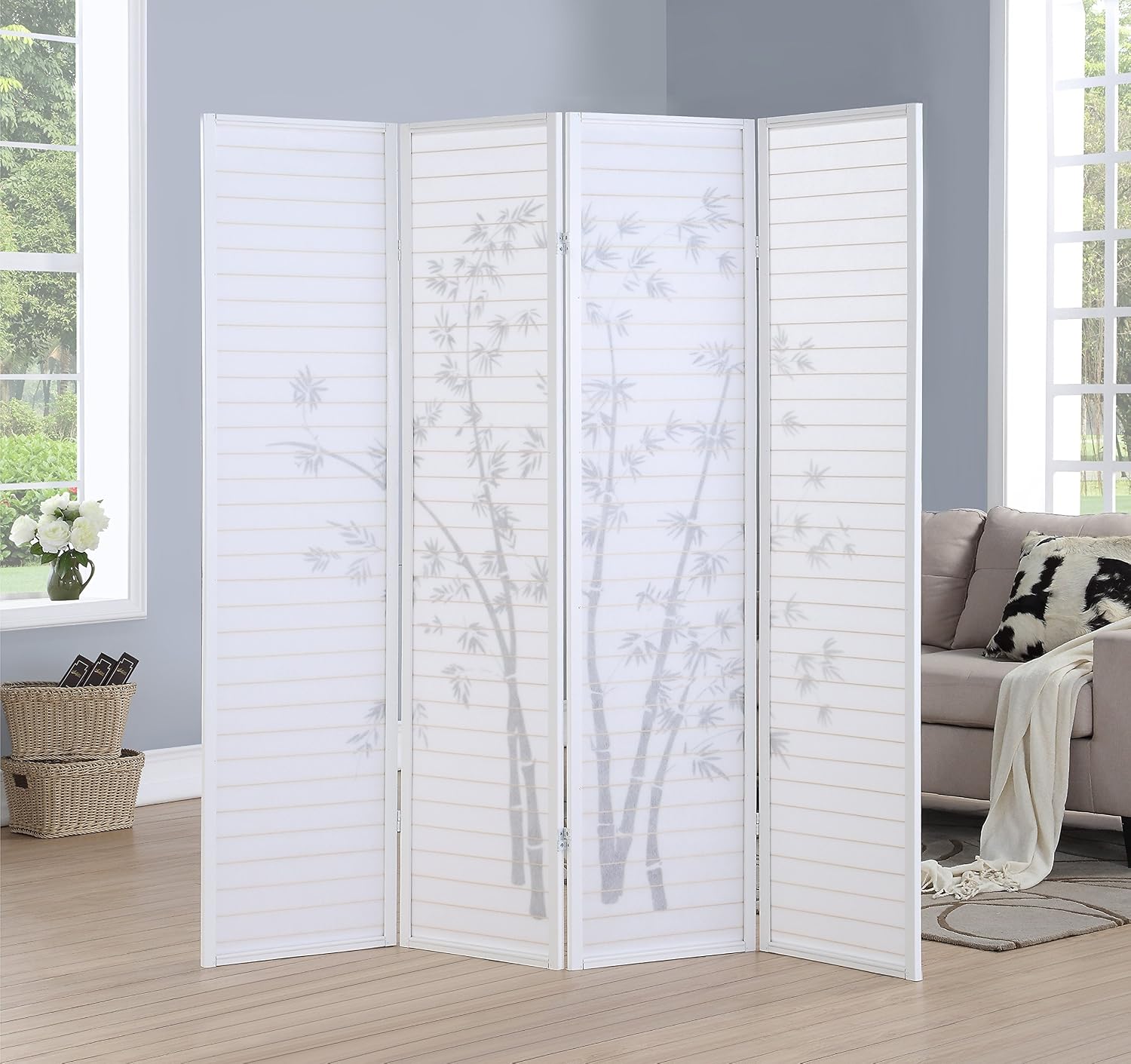 4-Panel Bamboo Print White Fra - Room Divider Bamboo 评论和价格