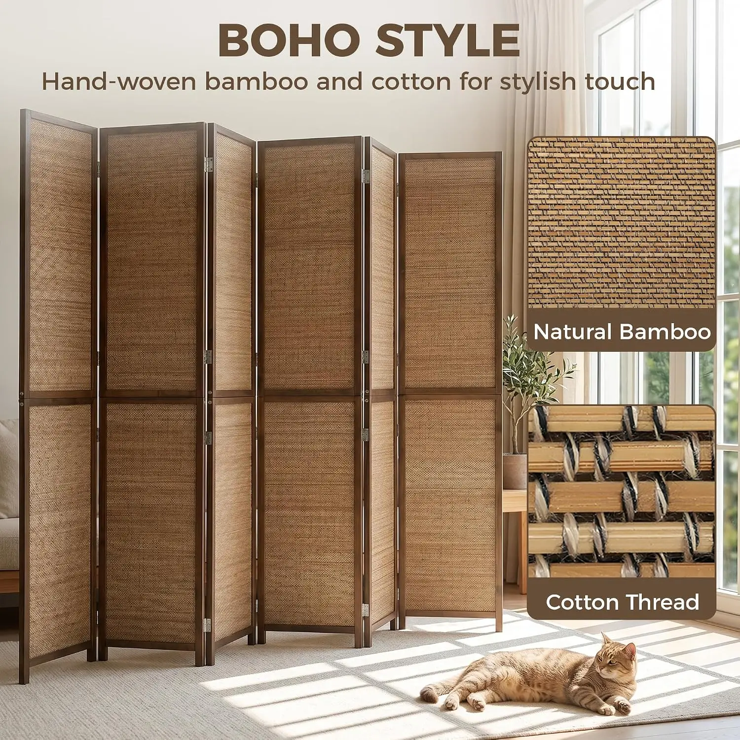 6 FT Room Divider, 6 Panel Han - Room Divider Bamboo 评论和价格